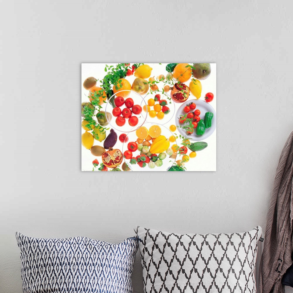 A bohemian room featuring Fruits, Vegetables and Leaves in Glass Bowl On White Background