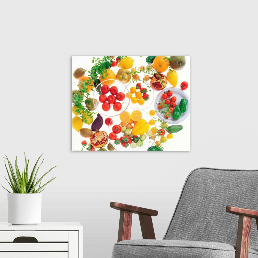 A modern room featuring Fruits, Vegetables and Leaves in Glass Bowl On White Background