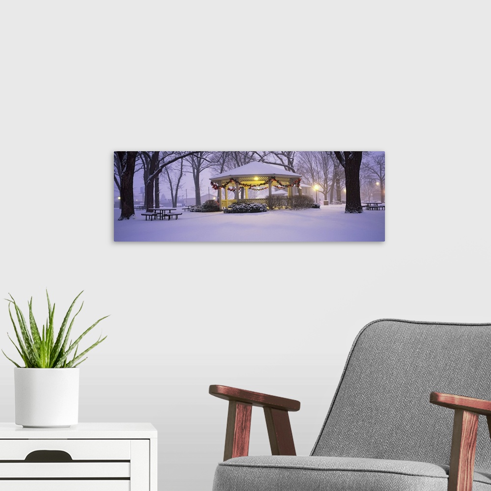 A modern room featuring Gazebo covered with snow in a park, Rochester, Olmsted County, Minnesota