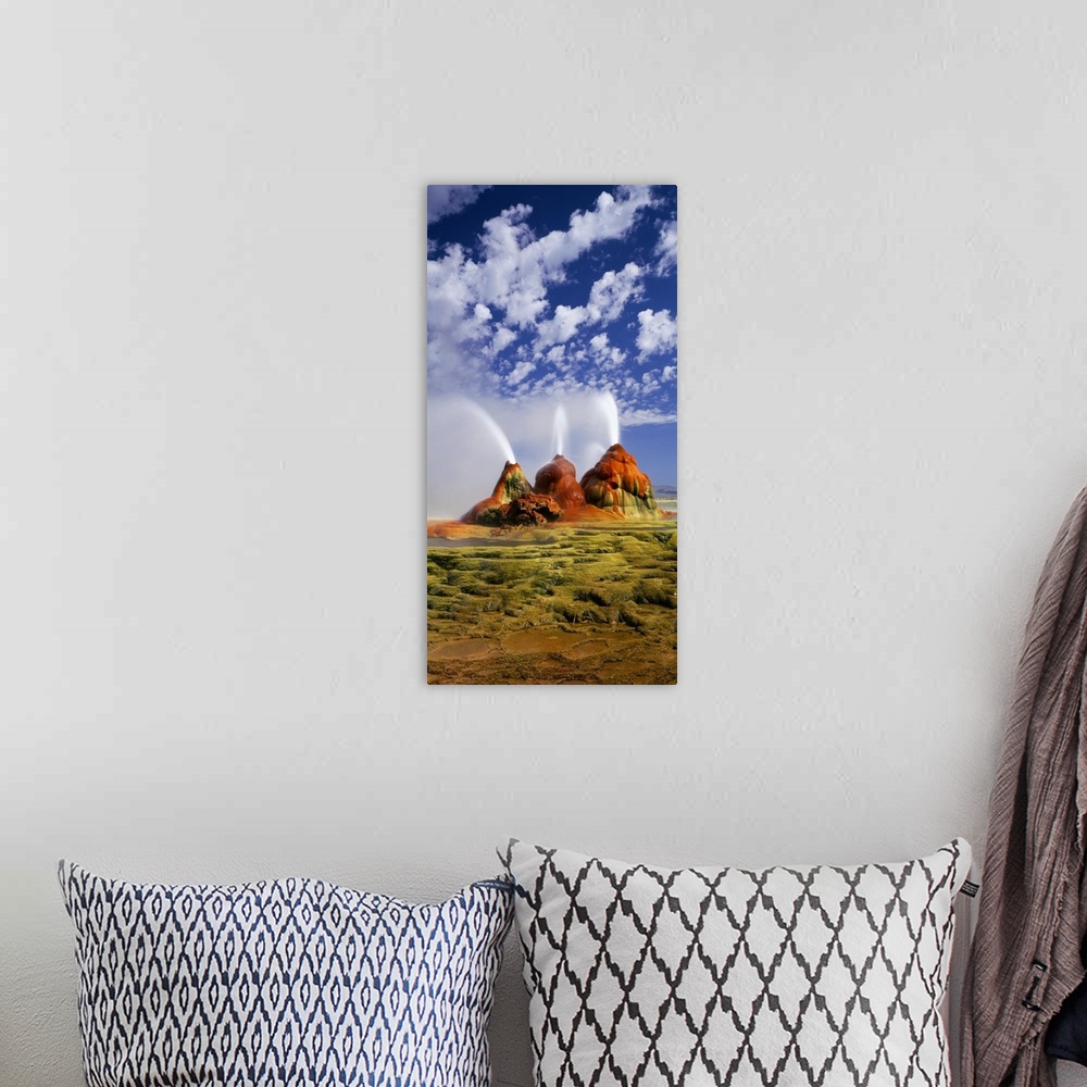 A bohemian room featuring Vertical panoramic photograph of huge rock formations in desert under a cloudy sky.