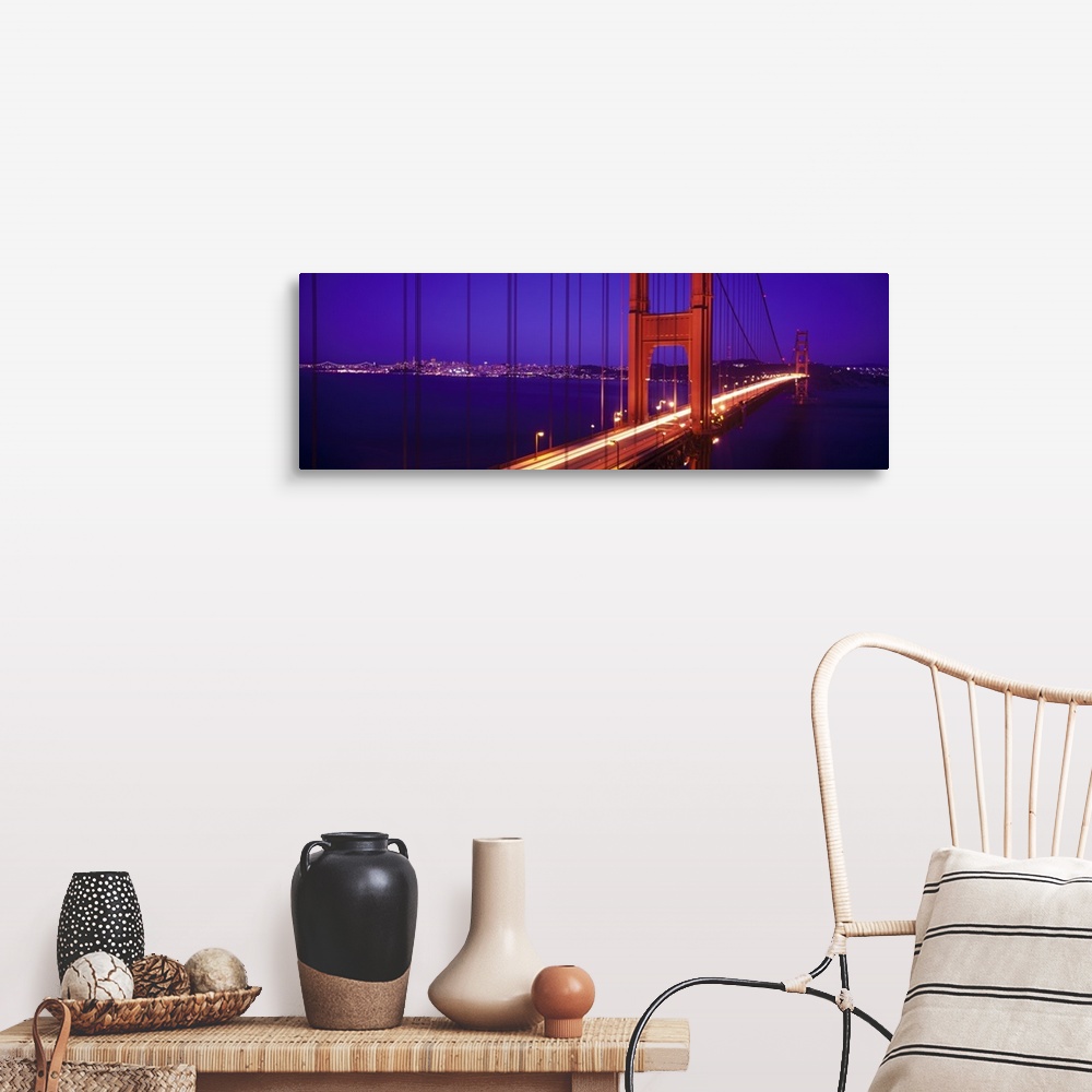 A farmhouse room featuring Twilight and red hue of the Golden Gate Bridge in San Francisco, California.