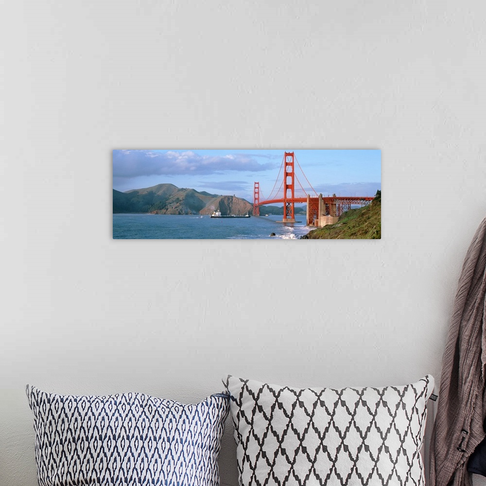 A bohemian room featuring Wide angle photograph of the San Francisco Bay and the Golden Gate Bridge, mountains on the horiz...