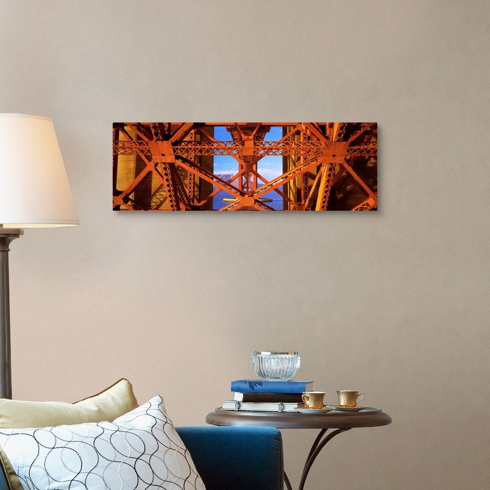 A traditional room featuring Closeup artwork of the Golden Gate Bridge in San Francisco, California (CA). A large ship and mou...
