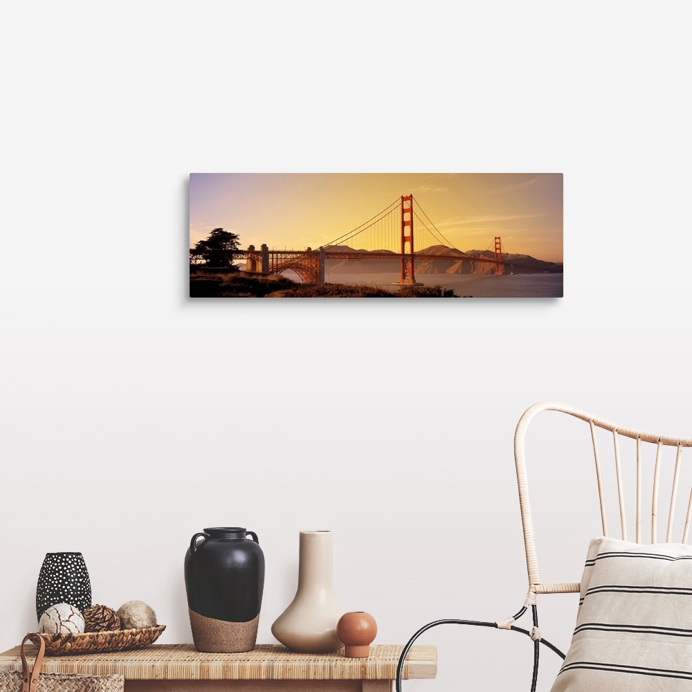 A farmhouse room featuring Giant horizontal photograph of San Francisco Bay's suspension bridge, the Golden Gate Bridge, at ...
