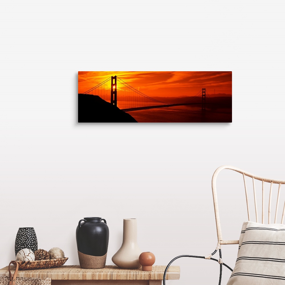 A farmhouse room featuring This oversized wall art is a panorama of San Francisco Bay at sunset where the suspension bridge ...