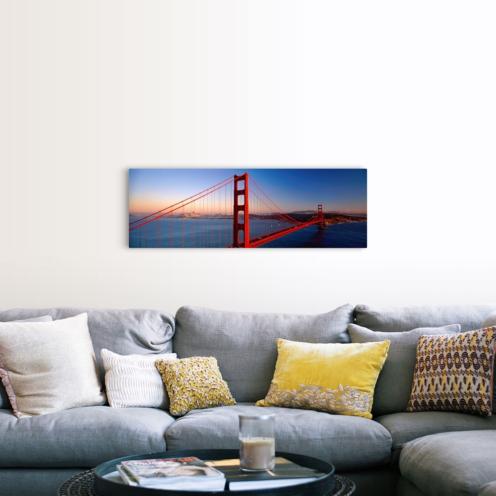 A farmhouse room featuring Big landscape photograph of the Golden Gate Bridge extending over the blue waters of the San Fran...