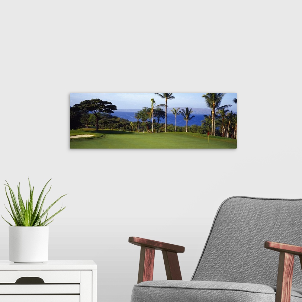A modern room featuring Panoramic photograph of fairway with palm trees and ocean in the distance.