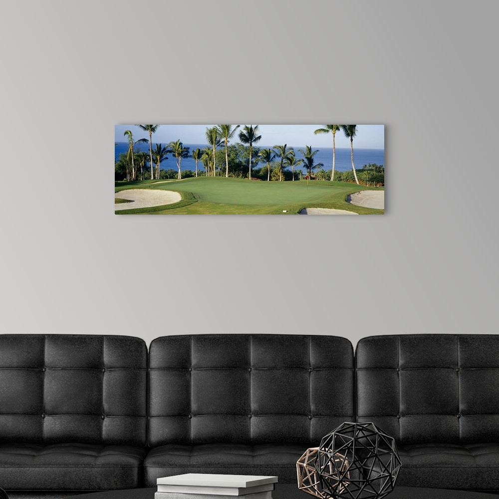 A modern room featuring A panormic photograph of a golf course overlooking the ocean with palm trees lining the putting g...