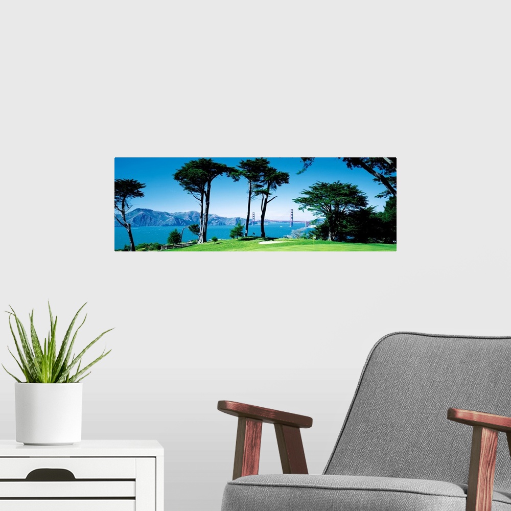 A modern room featuring Big panoramic photograph of a seaside golf course in San Francisco, California (CA) with mountain...