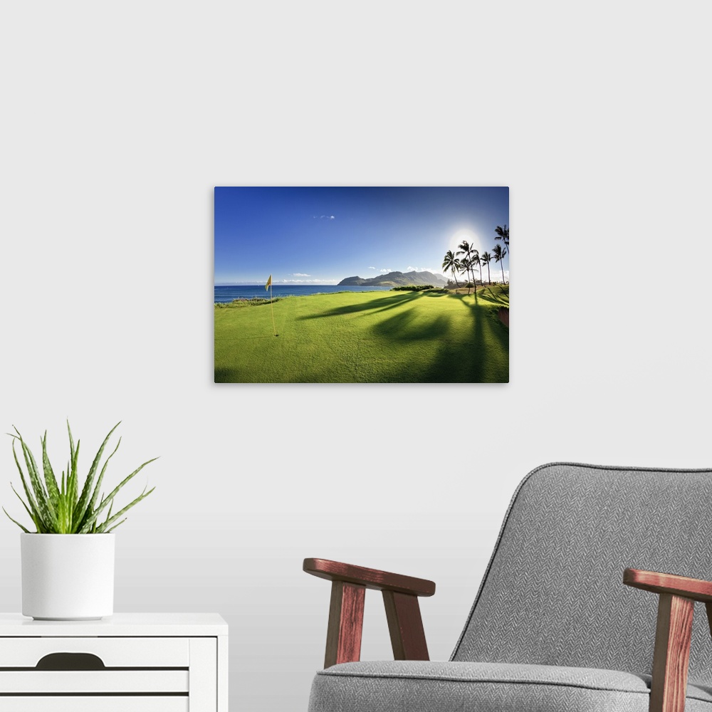 A modern room featuring Photograph of oceanfront putting green with palm trees.  There are mountains in distance under a ...