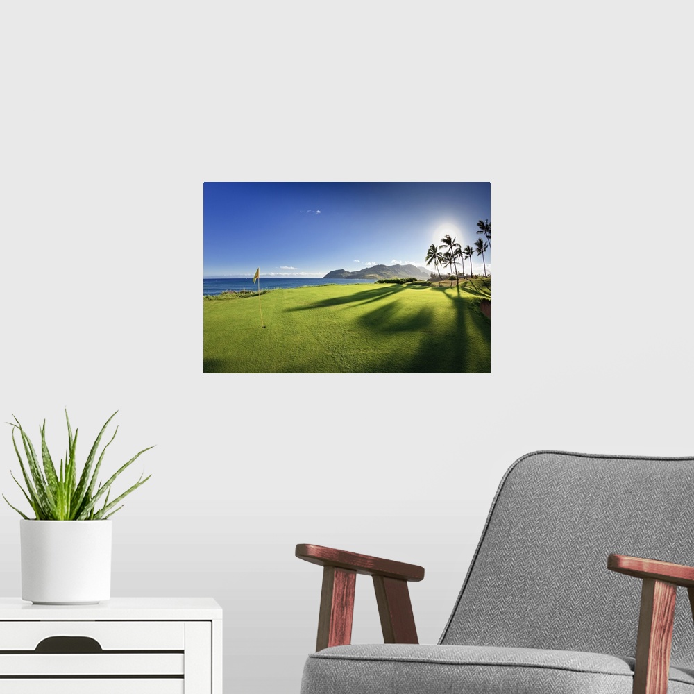 A modern room featuring Photograph of oceanfront putting green with palm trees.  There are mountains in distance under a ...