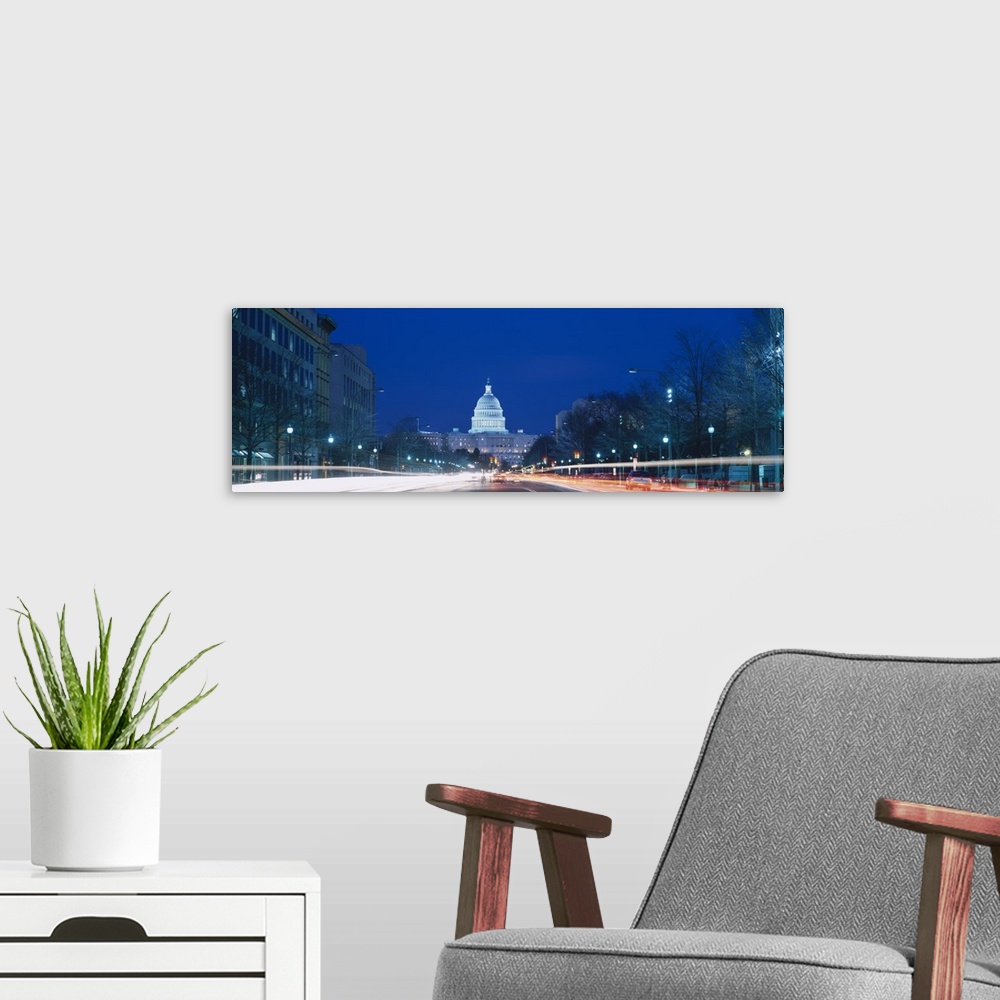 A modern room featuring Government building lit up at dusk, Capitol Building, Pennsylvania Avenue, Washington DC