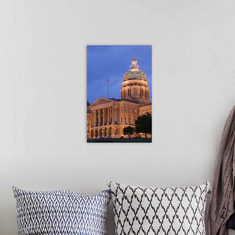 A bohemian room featuring Government building lit up at dusk, Iowa State Capitol, Des Moines, Iowa