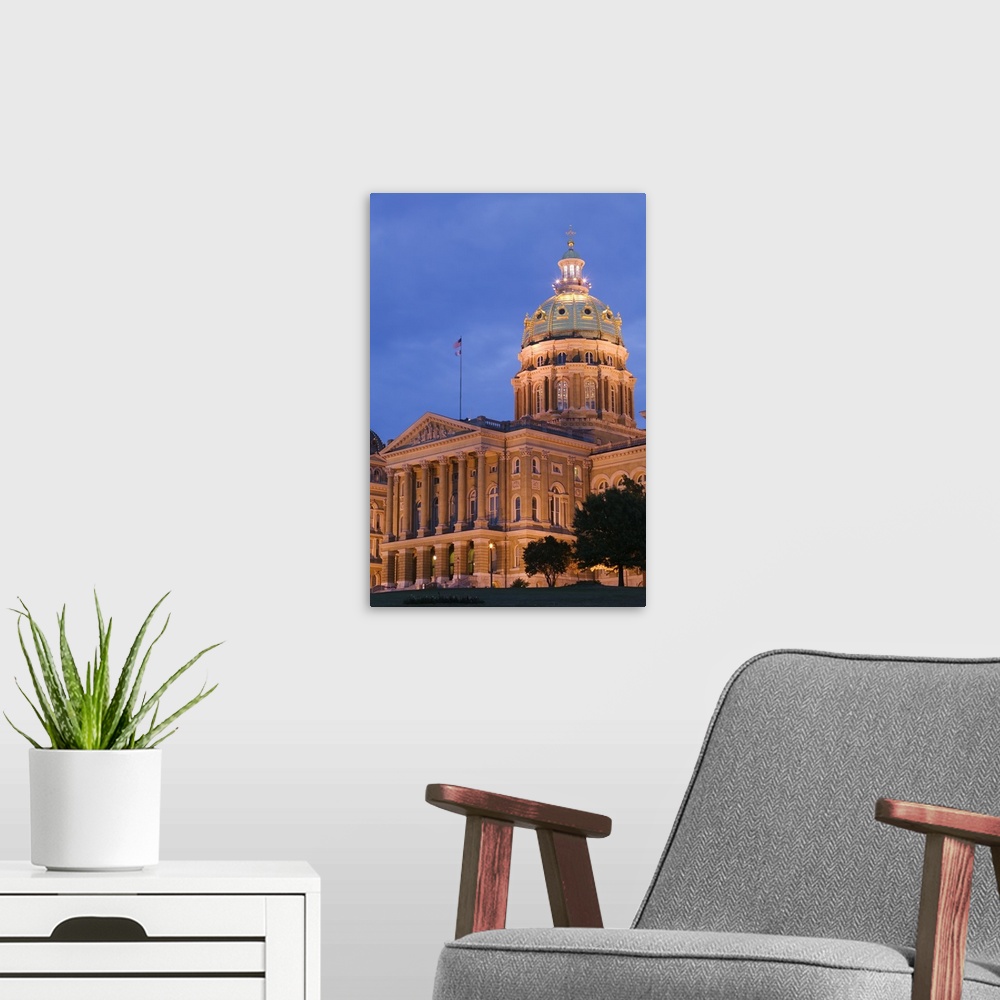 A modern room featuring Government building lit up at dusk, Iowa State Capitol, Des Moines, Iowa