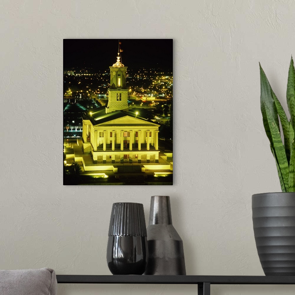 A modern room featuring Government building lit up at night, State Capitol Building, Nashville, Davidson County, Tennessee,