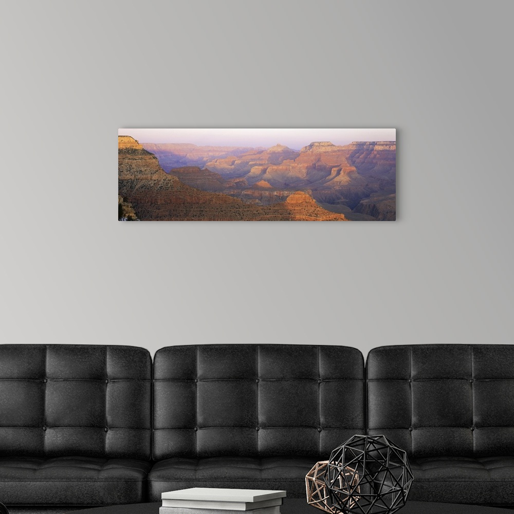 A modern room featuring Panoramic photograph of sand colored gorge under a foggy sky.