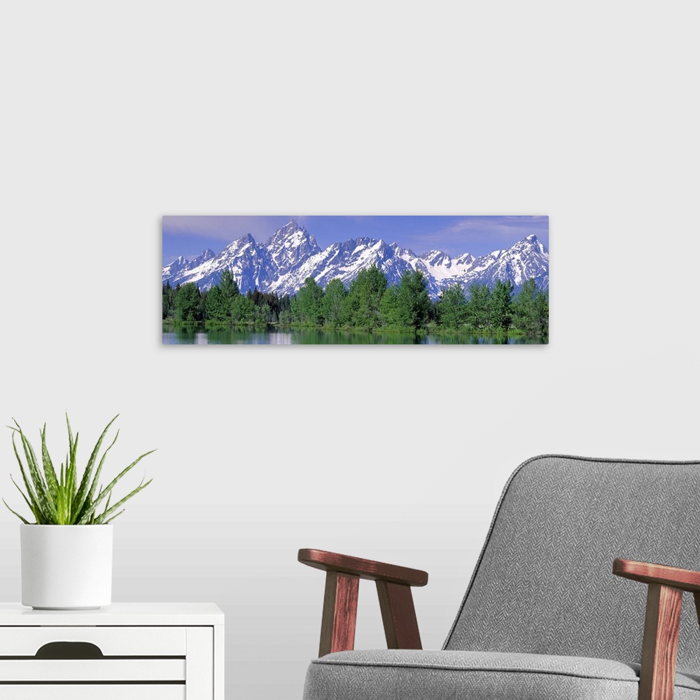 A modern room featuring Panoramic photograph of snow covered mountains being a line of pine trees at the waters edge, in ...