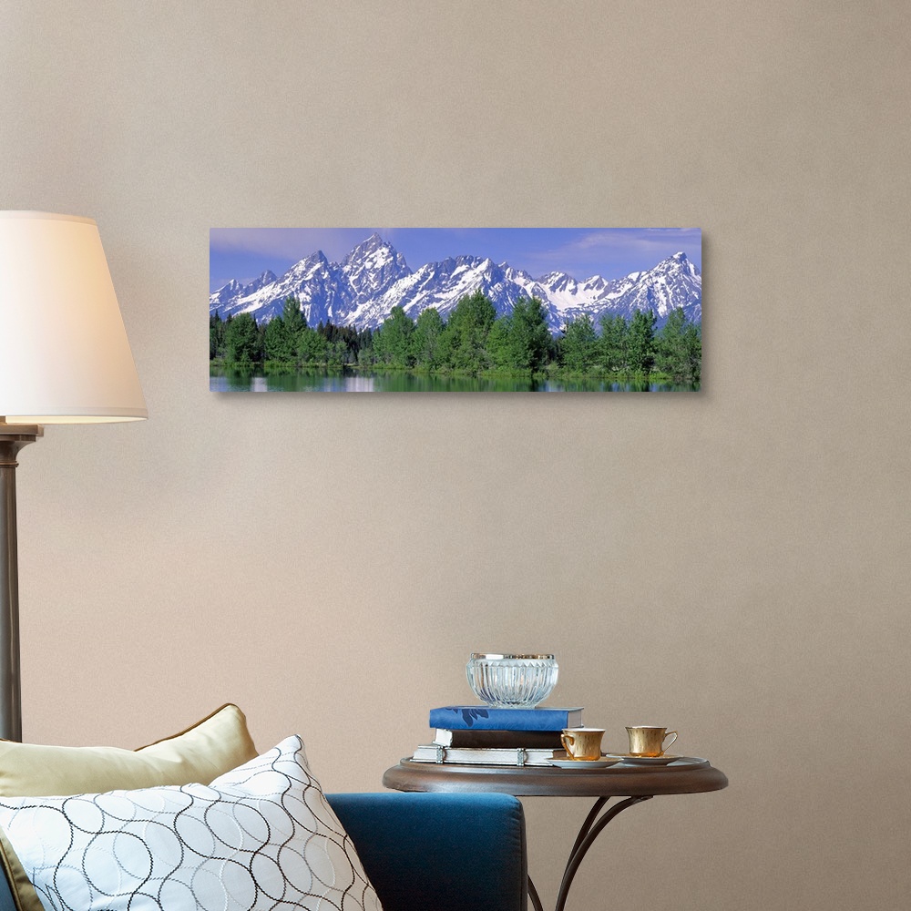 A traditional room featuring Panoramic photograph of snow covered mountains being a line of pine trees at the waters edge, in ...