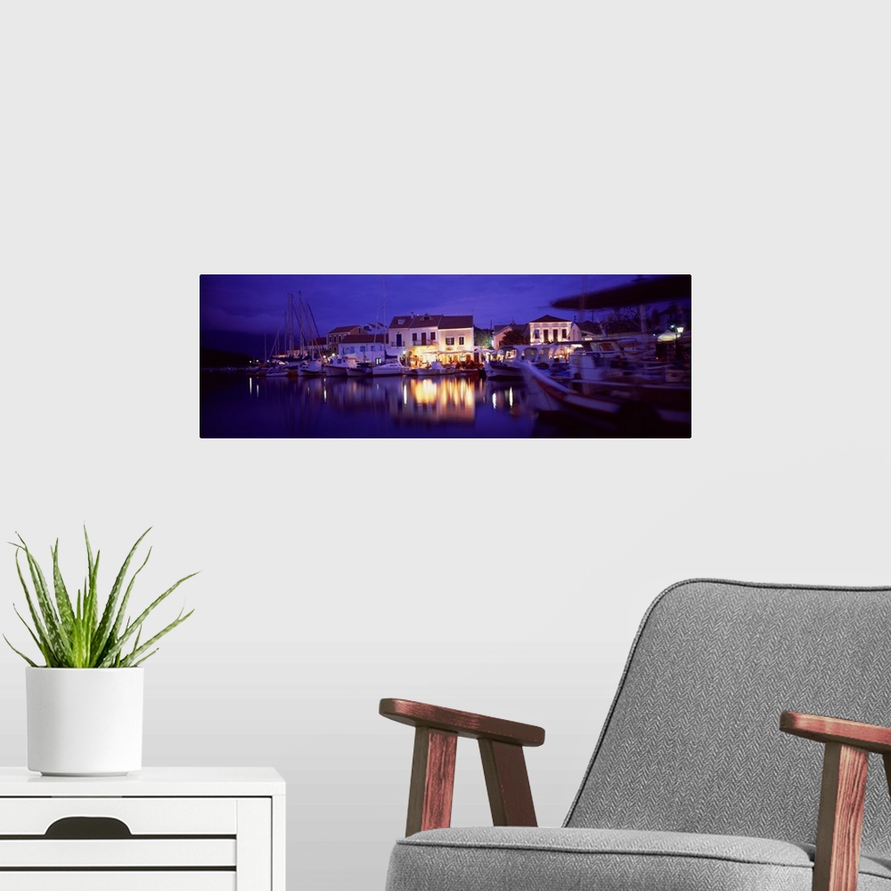 A modern room featuring Greece, Cephalonia, Light illuminated on harbor and outdoors cafe