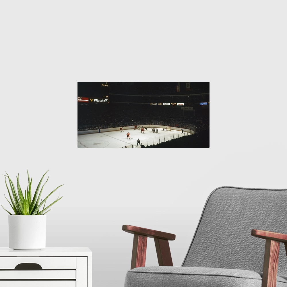 A modern room featuring Group of people playing ice hockey Chicago Illinois