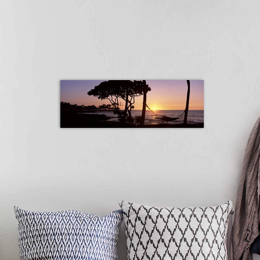A bohemian room featuring Panoramic photo on canvas of the silhouette of trees and a hammock with the sun setting into the ...