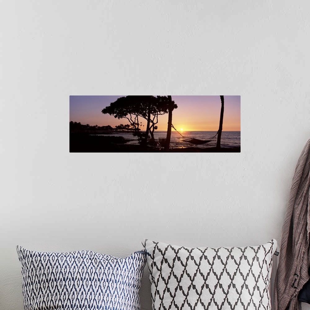 A bohemian room featuring Panoramic photo on canvas of the silhouette of trees and a hammock with the sun setting into the ...