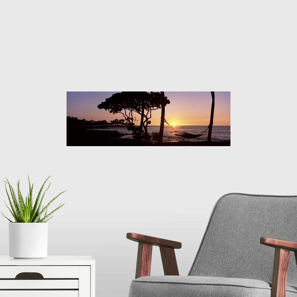 A modern room featuring Panoramic photo on canvas of the silhouette of trees and a hammock with the sun setting into the ...