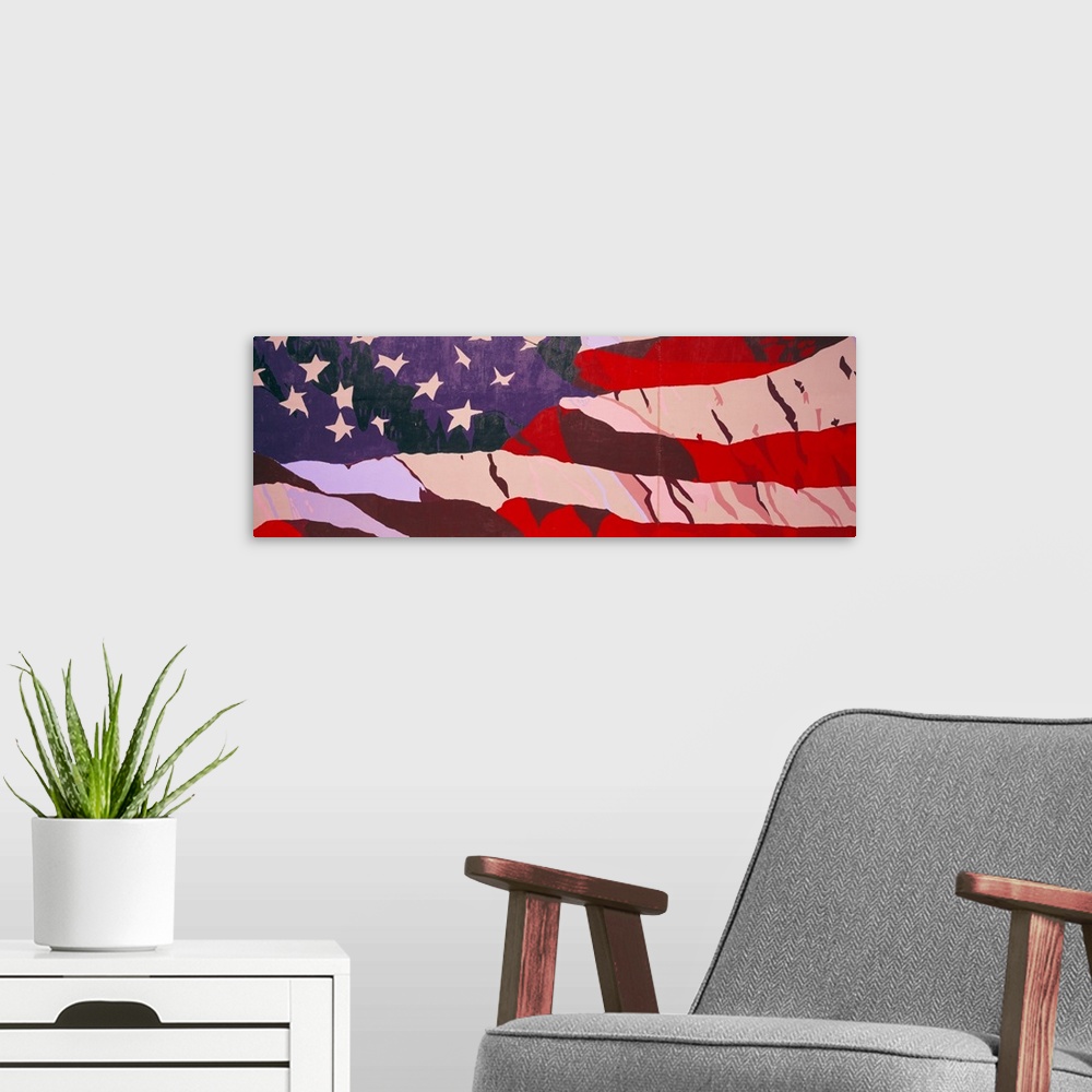 A modern room featuring Hand Painted Mural American Flag