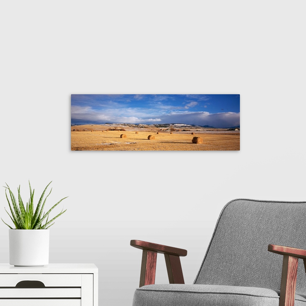 A modern room featuring Landscape photograph on a giant wall hanging of a vast, golden filed with hay bales, beneath a br...