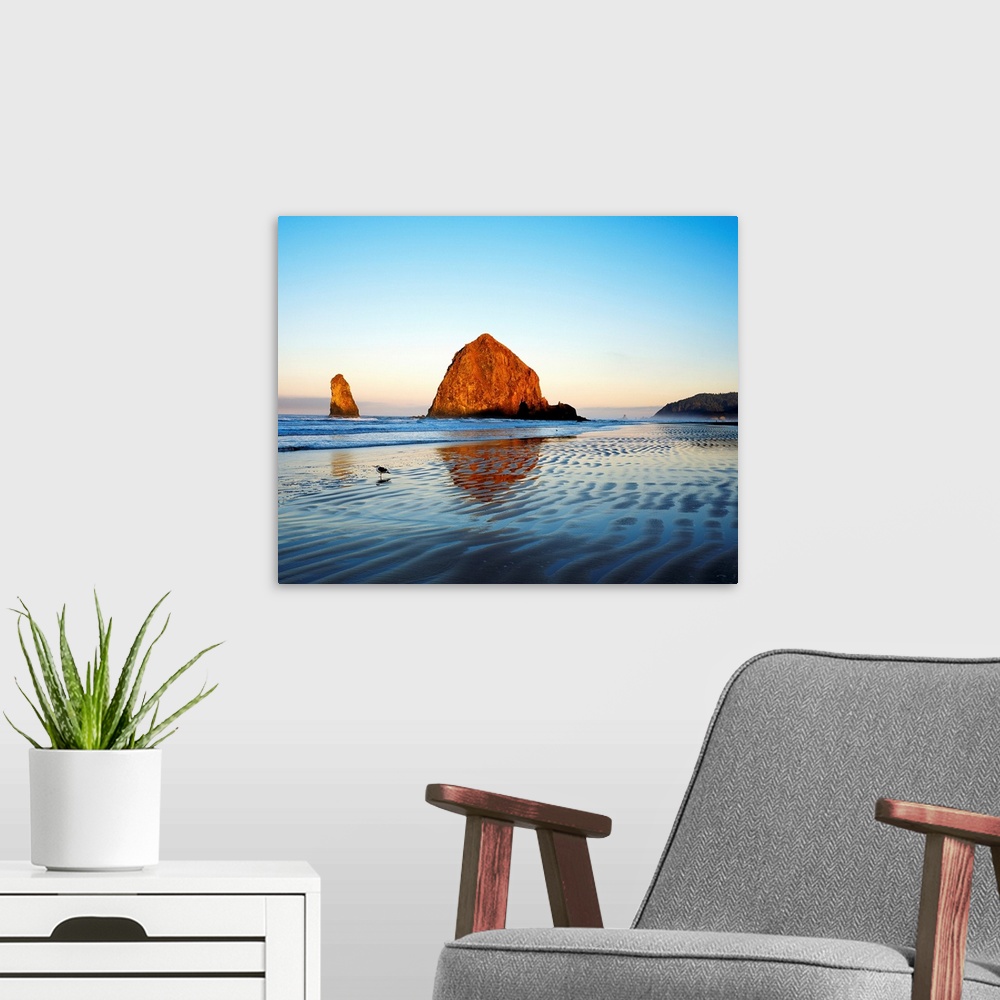 A modern room featuring Giant photograph taken of a huge rock sitting on the edge of a beach on a sunny day.  In the back...