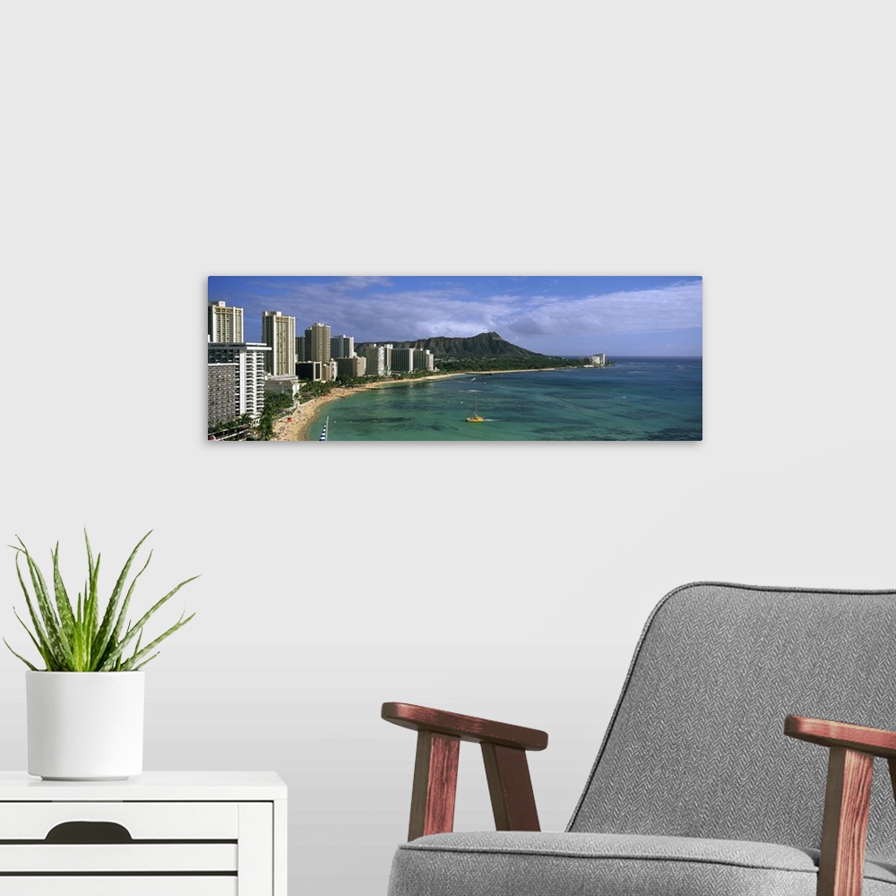 A modern room featuring High angle view of a beach, Diamond Head, Waikiki Beach, Oahu, Hawaii