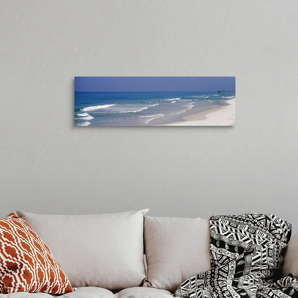 A bohemian room featuring Panoramic photo of waves rushing onto the sandy shoreline in Florida, on the coast of the Atlanti...