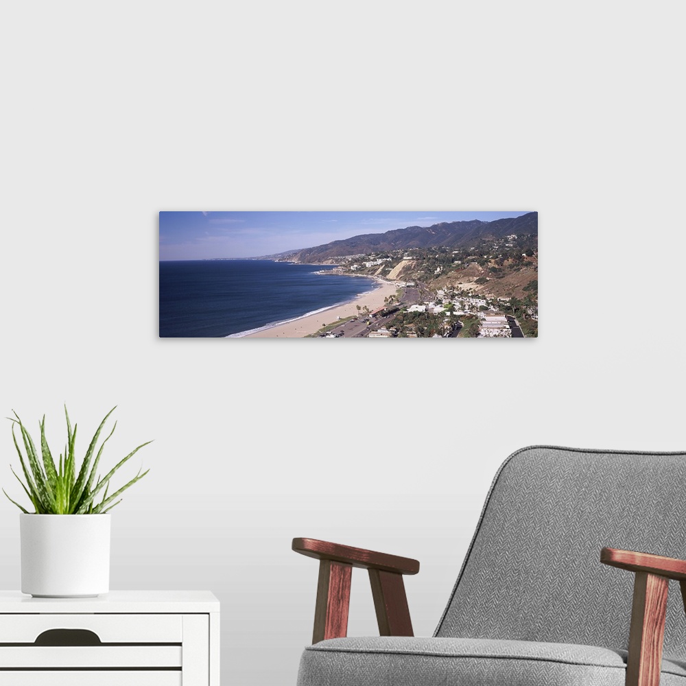 A modern room featuring High angle view of a beach, Highway 101, Malibu Beach, Malibu, Los Angeles County, California, USA