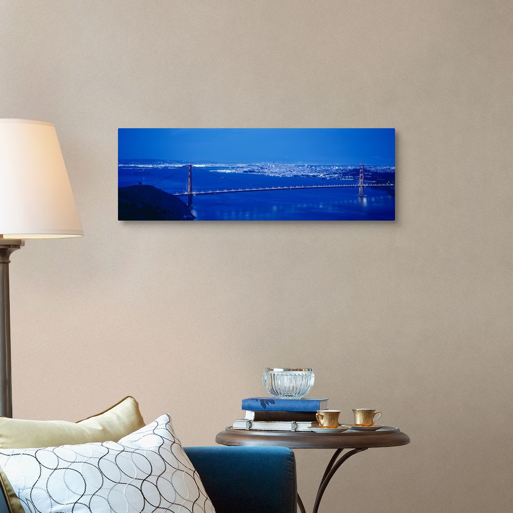 A traditional room featuring High angle view of a bridge lit up at night, Golden Gate Bridge, San Francisco, California