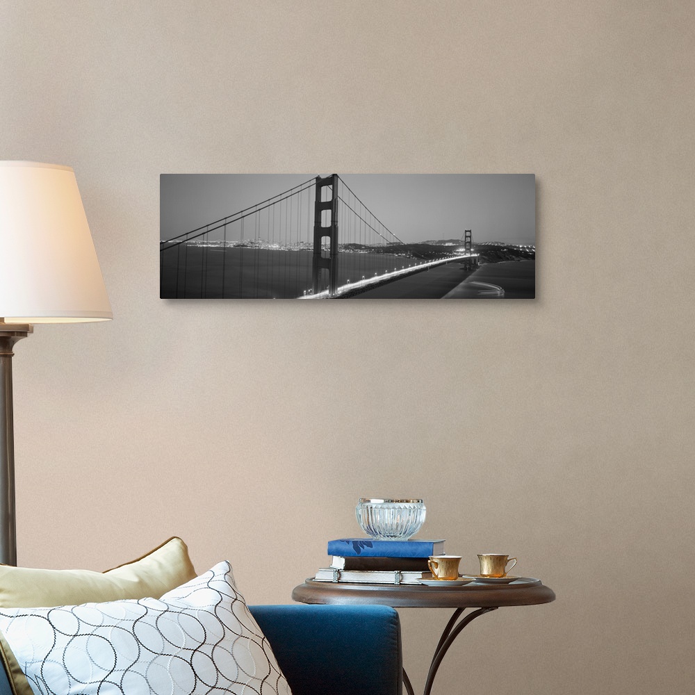 A traditional room featuring High angle view of a bridge lit up at night, Golden Gate Bridge, San Francisco, California