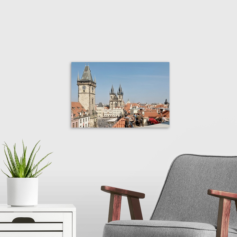 A modern room featuring High angle view of a church in a city, Tyn Church, Old Town Square, Prague, Czech Republic