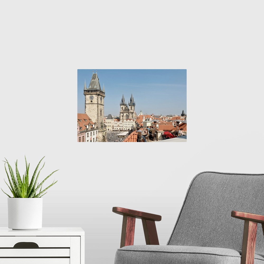A modern room featuring High angle view of a church in a city, Tyn Church, Old Town Square, Prague, Czech Republic