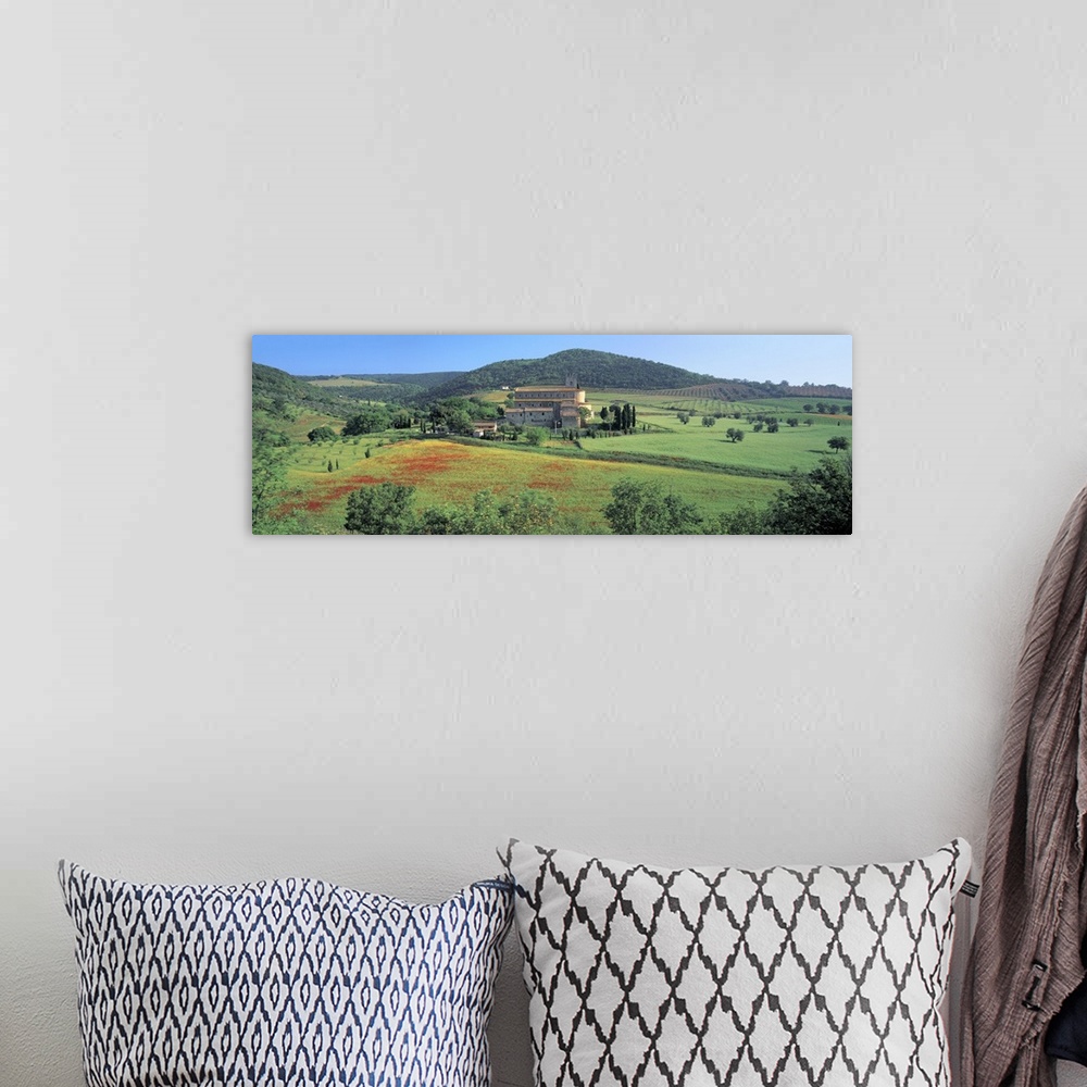 A bohemian room featuring High angle view of a church on a field Abbazia Di Santantimo Montalcino Tuscany Italy