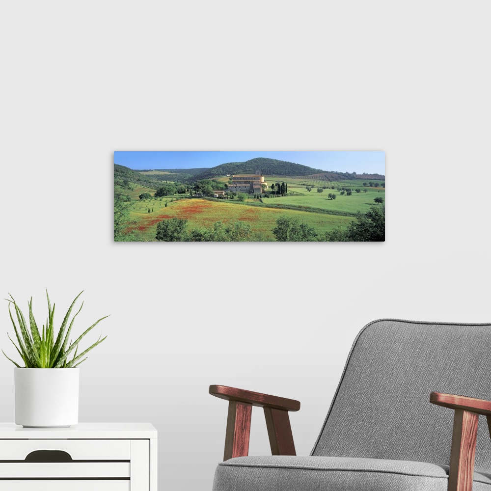 A modern room featuring High angle view of a church on a field Abbazia Di Santantimo Montalcino Tuscany Italy
