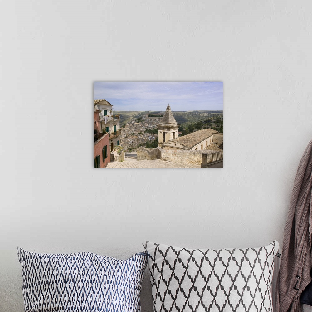 A bohemian room featuring High angle view of a church on a hill, Santa Maria delle Scale, Ragusa, Sicily, Italy