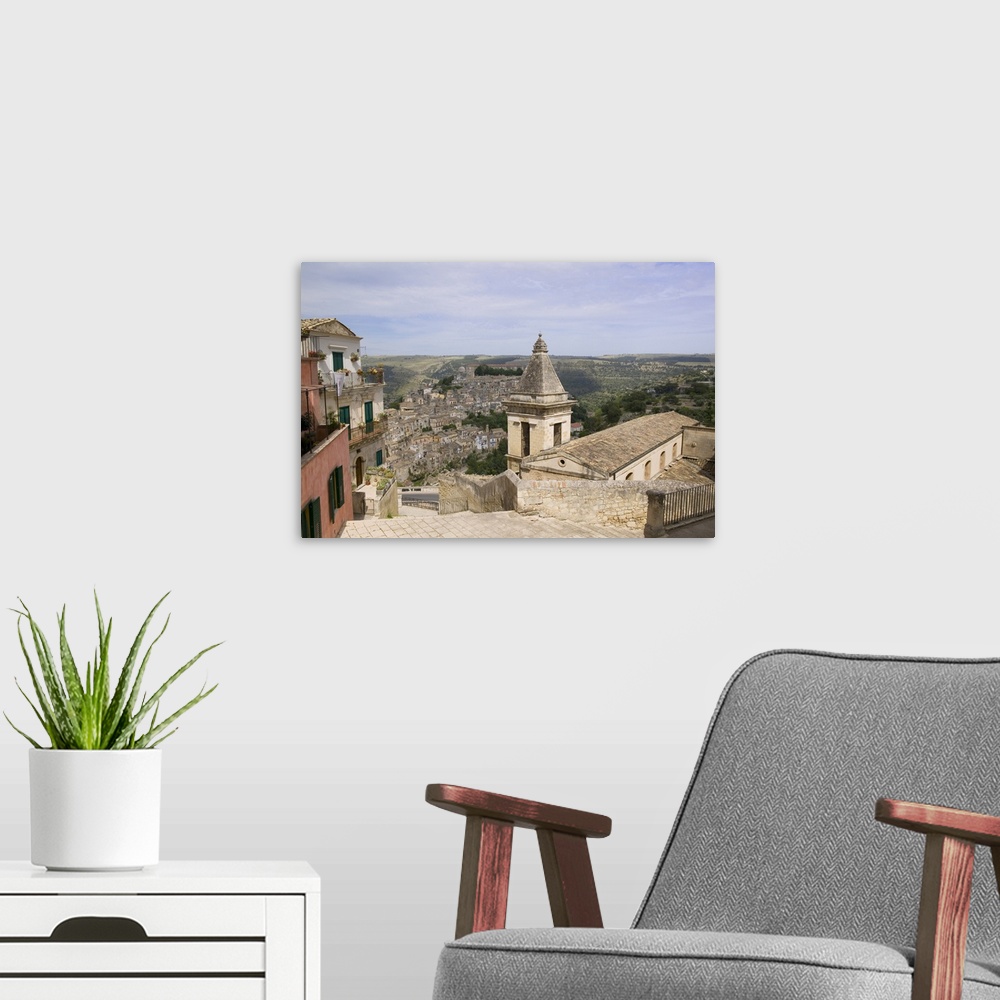 A modern room featuring High angle view of a church on a hill, Santa Maria delle Scale, Ragusa, Sicily, Italy