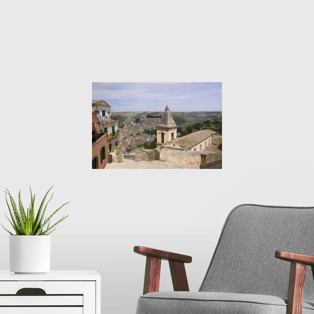 A modern room featuring High angle view of a church on a hill, Santa Maria delle Scale, Ragusa, Sicily, Italy