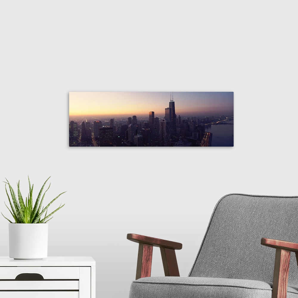 A modern room featuring High angle view of a city at dusk, Lake Michigan, Chicago, Cook County, Illinois,