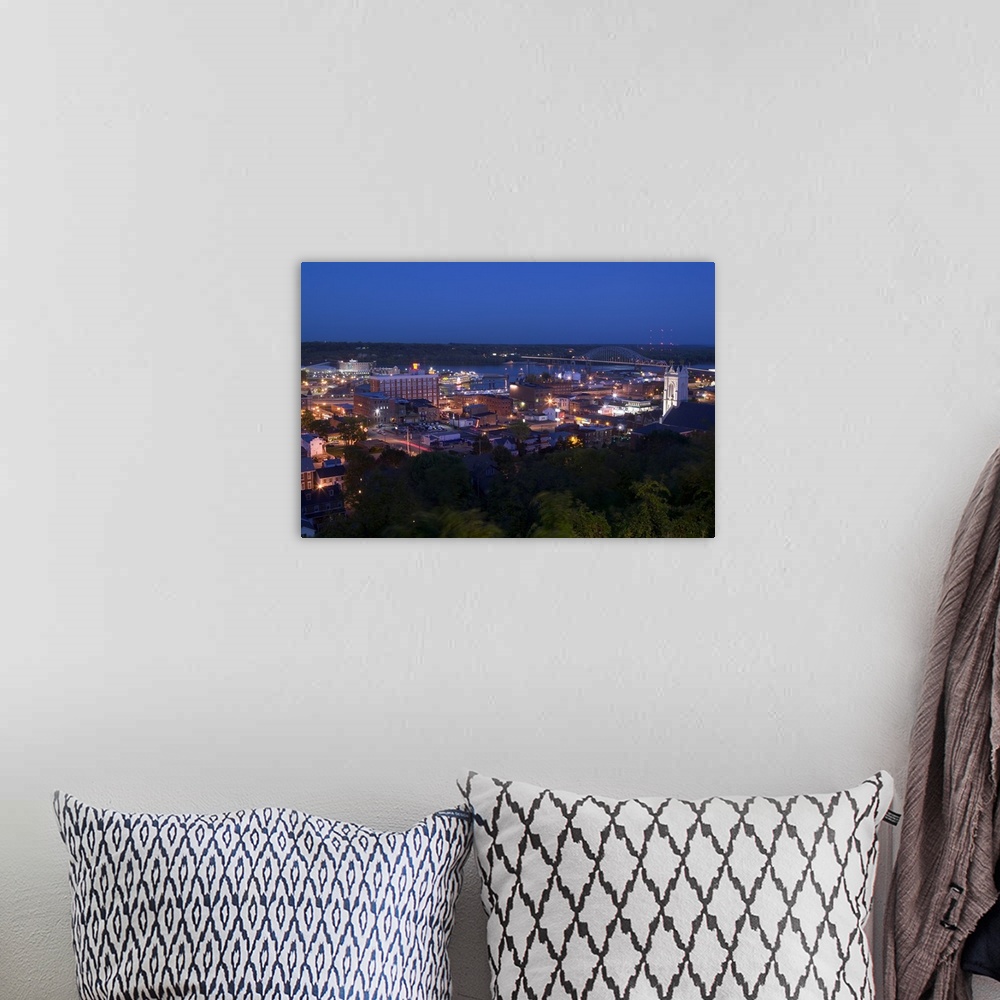 A bohemian room featuring High angle view of a city at dusk, Mississippi River, Dubuque, Iowa