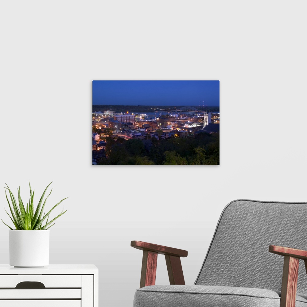 A modern room featuring High angle view of a city at dusk, Mississippi River, Dubuque, Iowa