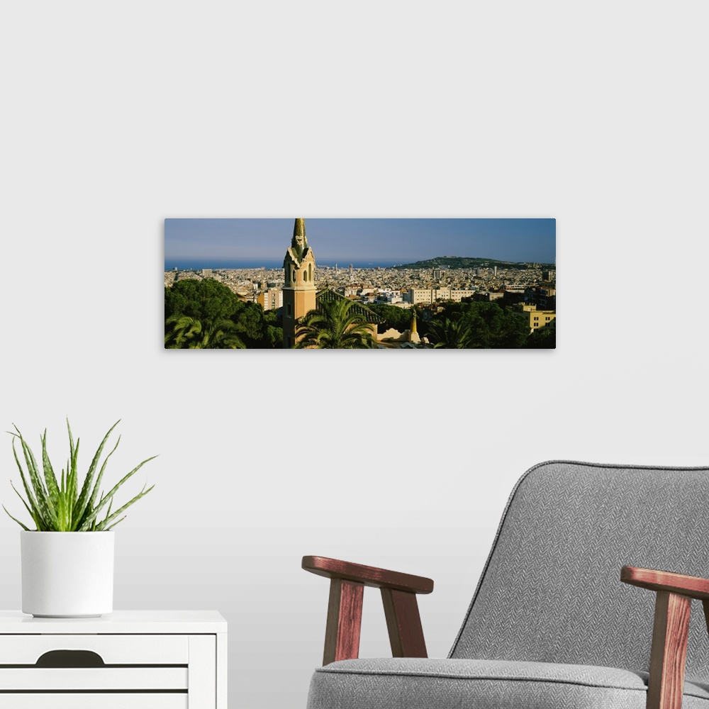 A modern room featuring High angle view of a city, Barcelona, Spain