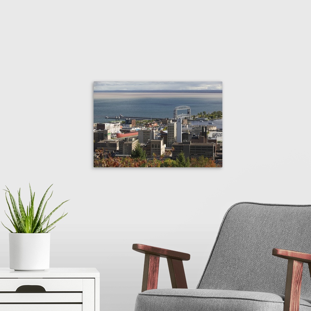 A modern room featuring High angle view of a city, Canal Park area, Duluth, Minnesota