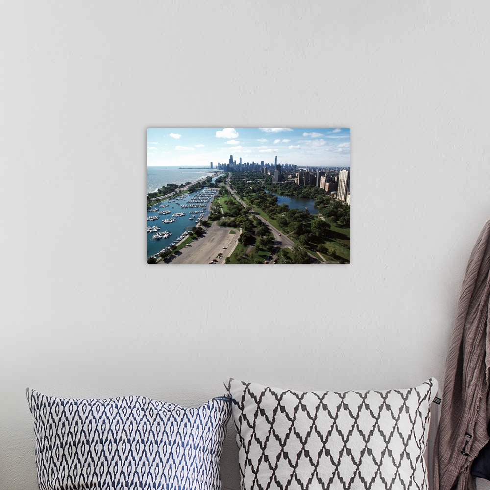 A bohemian room featuring High angle view of a city, Lincoln Park, Lake Michigan, Chicago, Cook County, Illinois, USA