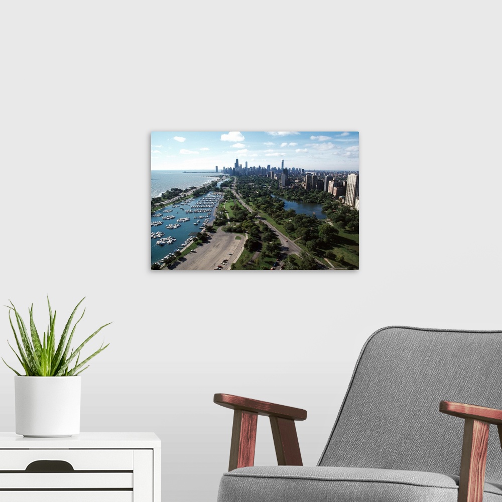 A modern room featuring High angle view of a city, Lincoln Park, Lake Michigan, Chicago, Cook County, Illinois, USA