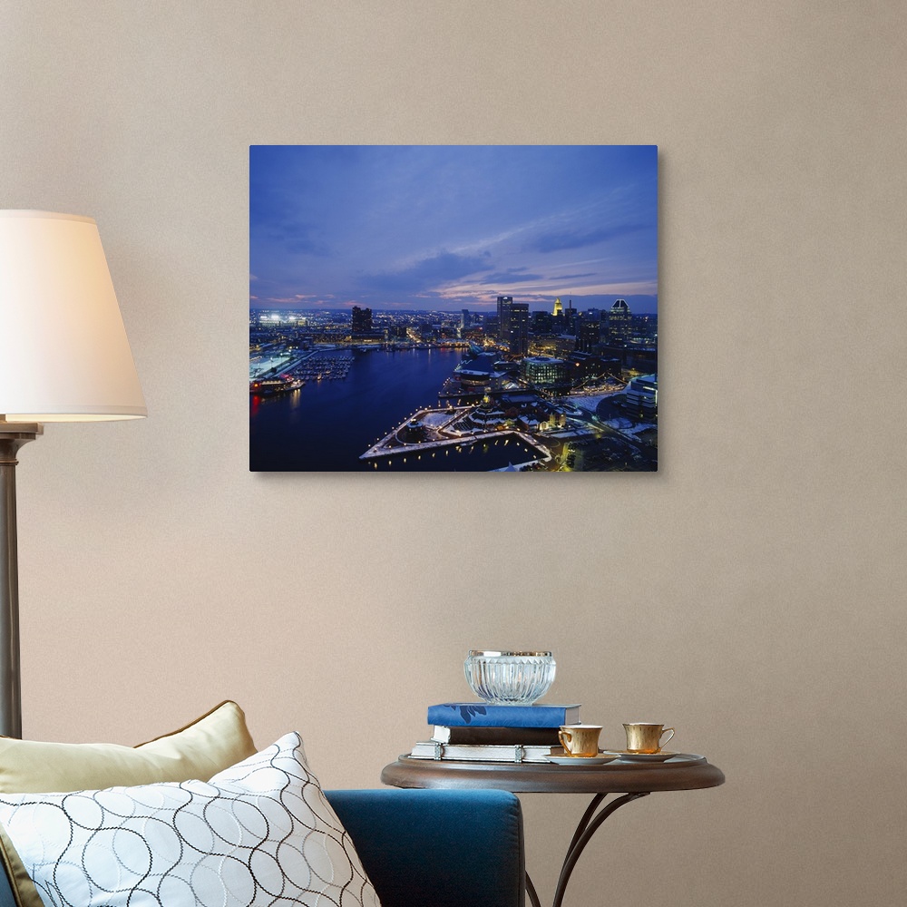 A traditional room featuring Large photograph taken from an aerial view over the calm waters of the Inner Harbor within a busy...